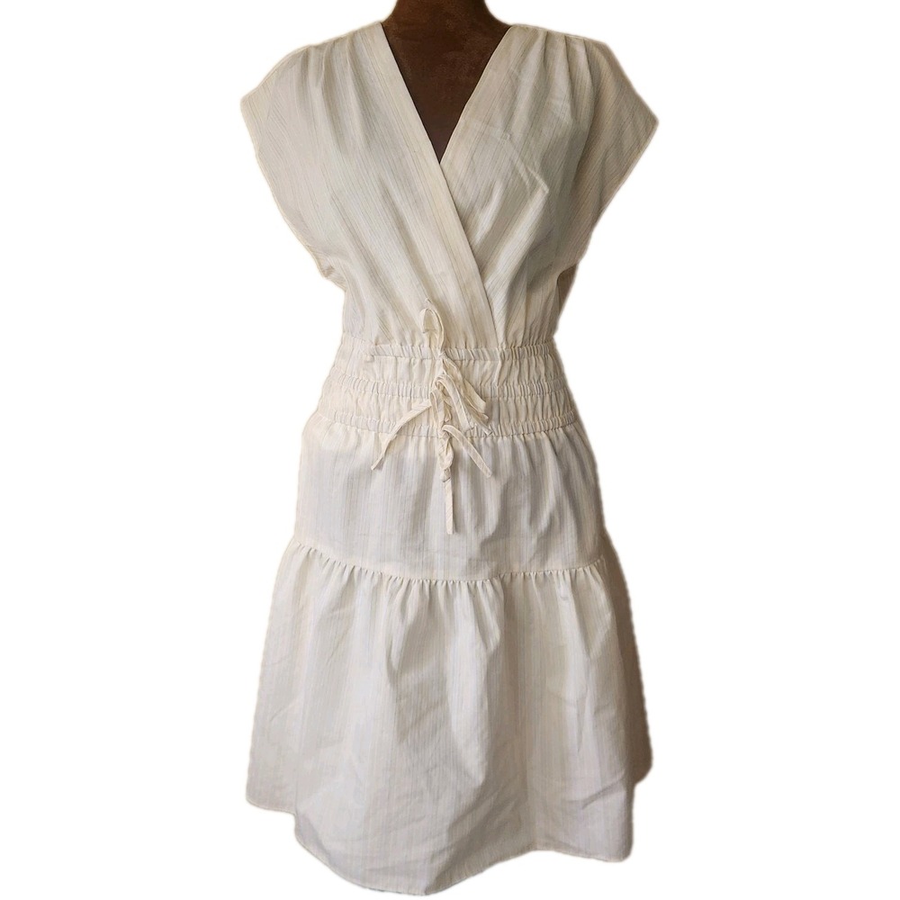 NWT MELLODAY Dress Size L Yellow Striped Preppy Lightweight Stretch V Neck - Picture 1 of 7